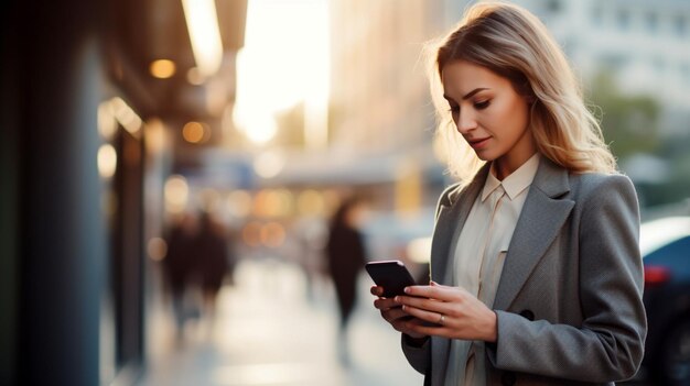 Nahaufnahme einer Geschäftsfrau, die draußen ein Smartphone beobachtet. Geschäftsmann beim Networking