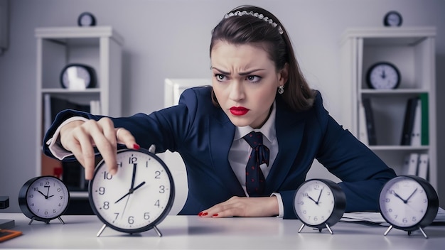 Nahaufnahme einer Geschäftsfrau, die während ihrer Arbeit im Büro auf ihrem Schreibtisch auf die Uhr schlägt