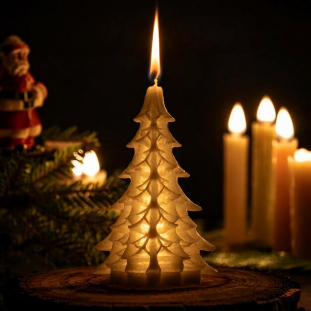 Nahaufnahme einer geschnitzten brennenden Kerze in Form eines Weihnachtsbaums