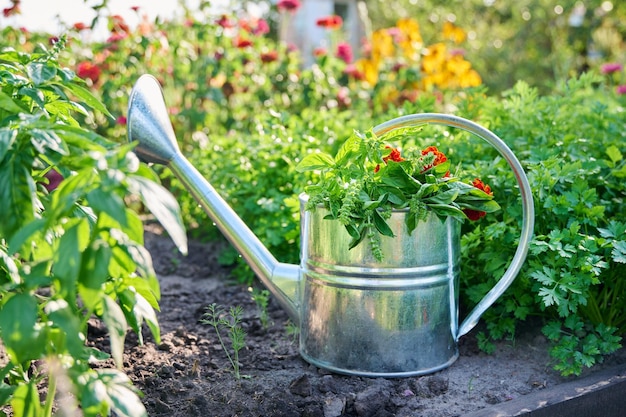 Nahaufnahme einer Gießkanne mit Kräuterblumen auf dem Gartenbeet in der Sommersaison. Landwirtschaft, Landwirtschaft, Gartenarbeit, Gartenbau, Gemüseanbau, Kräuter-Blumen-Konzept