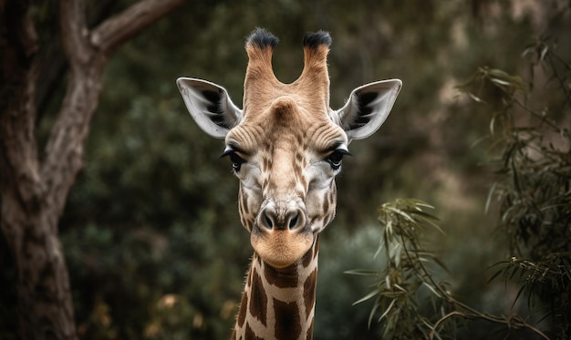 Nahaufnahme einer Giraffe vor einigen grünen Bäumen, die auf die Kamera schaut