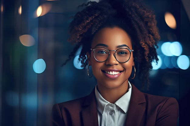 Nahaufnahme einer glücklichen Geschäftsfrau, die im Büro in die Kamera blickt und lächelt. Afroamerikanische Unternehmerin im Büro, Geschäftsfrau, generiert mit KI