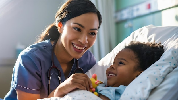 Nahaufnahme einer glücklichen Krankenschwester mit ihrem Patienten