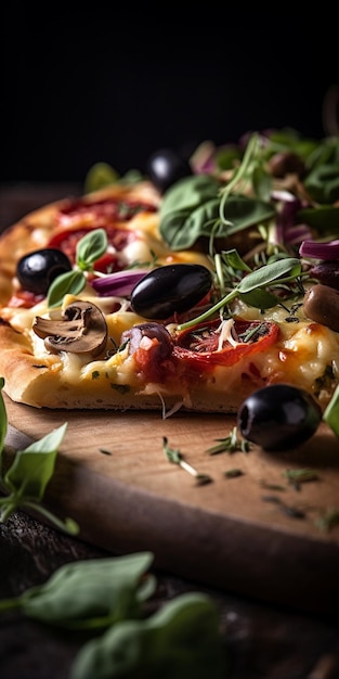 Nahaufnahme einer Gourmet-Pizza mit köstlichen Toppings im Rampenlicht