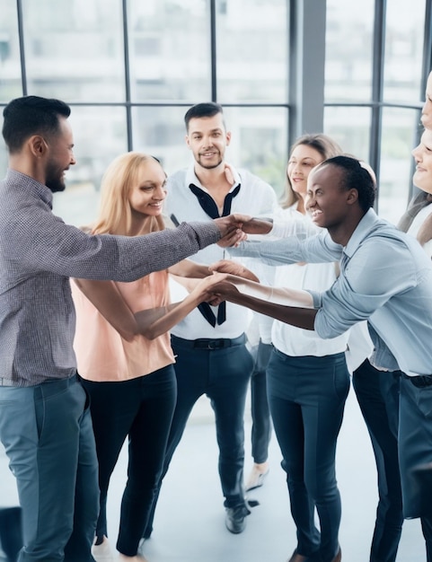 Nahaufnahme einer Gruppe von Kollegen in einem modernen Büro, die sich alle Händchen haltend zeigen, um ihre Solidarität zu zeigen