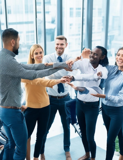 Nahaufnahme einer Gruppe von Kollegen in einem modernen Büro, die sich alle Händchen haltend zeigen, um ihre Solidarität zu zeigen