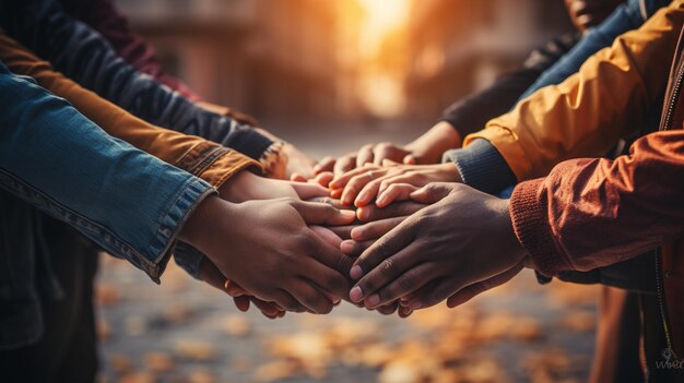 Nahaufnahme einer Gruppe von Menschen, die sich die Hände halten, Teamwerk-Konzept