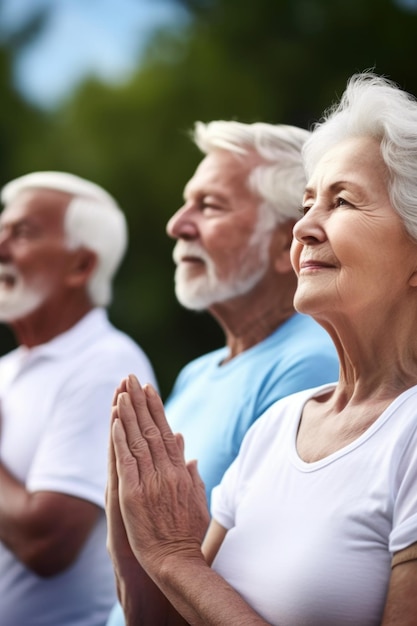 Nahaufnahme einer Gruppe von Senioren, die im Freien Yoga üben, erstellt mit generativer KI