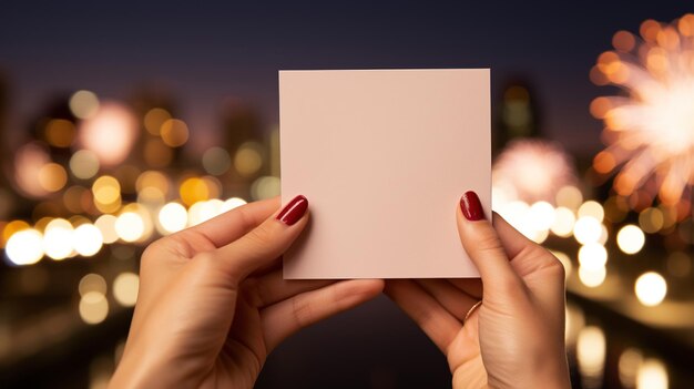 Nahaufnahme einer Grußkarte aus weißem Papier, die von einer Frau gegen eine verschwommene Nachtstadt gehalten wird