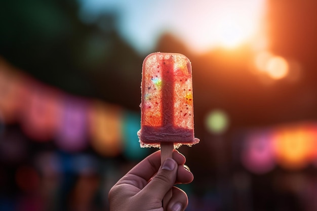 Nahaufnahme einer Hand, die an einem heißen Sommertag ein tropfendes Eis am Stiel hält