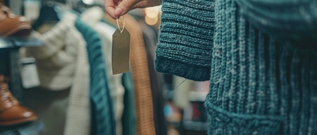 Foto nahaufnahme einer hand, die ein etikett auf einem pullover in einem laden hält, mit einer frau, die gegenstände aus einem regal abnimmt konzept für vintage- und retro-mode oder lifestyle-stile