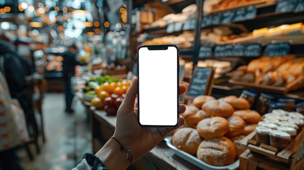Nahaufnahme einer Hand, die ein Smartphone mit einem leeren Bildschirm in einem Lebensmittelgeschäftsgang hält und frische Produkte im Hintergrund zeigt