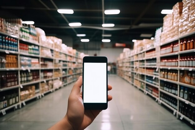 Nahaufnahme einer Hand, die ein Smartphone mit mobilem Bildschirm hält, vor dem verschwommenen Hintergrund eines Supermarkts