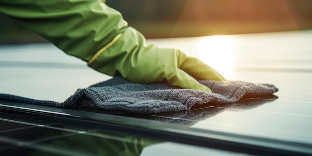 Nahaufnahme einer Hand, die ein Solarpanel mit einem umweltfreundlichen Tuch reinigt