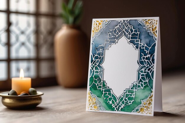 Foto nahaufnahme einer hand, die eine leere papierkarte mit aquarellfarbenem marokkanischem muster hält. grußkarten-mockup-szene ramadan kareem-design verschwommener hintergrund mit weißer arabischer laterne olivenblätter auf dem tisch