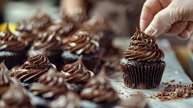 Nahaufnahme einer Hand, die einen Schokoladen-Cupcake mit Schokoladenglasur schmückt Im Hintergrund befinden sich weitere Schokoladecupcakes