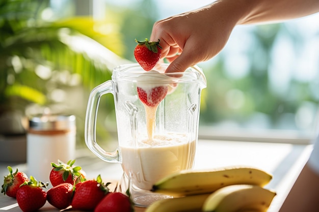 Nahaufnahme einer Hand, die Joghurt mit Erdbeeren und Bananen in den Mixer gießt