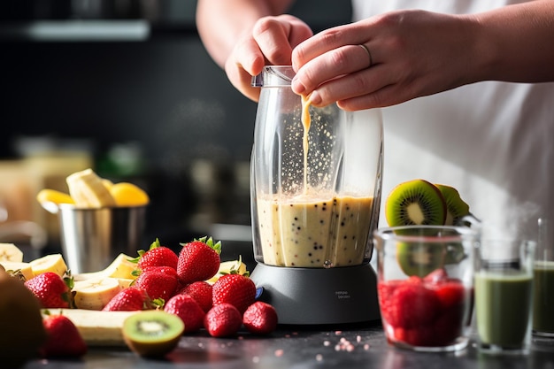 Foto nahaufnahme einer hand, die joghurt mit erdbeeren und bananen in den mixer gießt