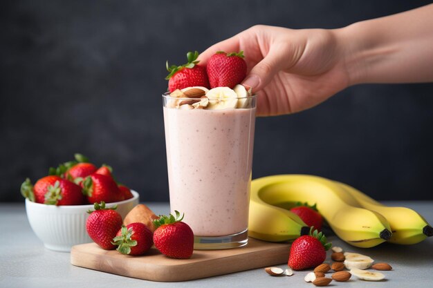 Nahaufnahme einer Hand, die Joghurt mit Erdbeeren und Bananen in den Mixer gießt