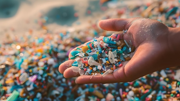 Nahaufnahme einer Hand, die Mikroplastik in der Nähe des Meeres hält Plastikverschmutzungsproblem Hohe Qualität