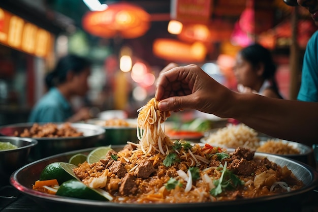 Nahaufnahme einer Hand, die thailändisches Streetfood bestellt