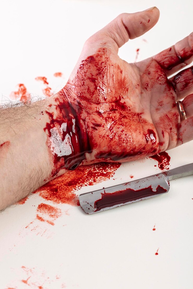 Foto nahaufnahme einer hand mit blut durch rasiermesser