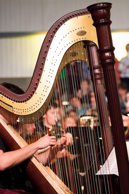 Nahaufnahme einer Harfe bei einem Konzert