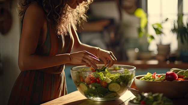 Nahaufnahme einer Hausfrau, die Salat auf der Küchenplatte zubereitet