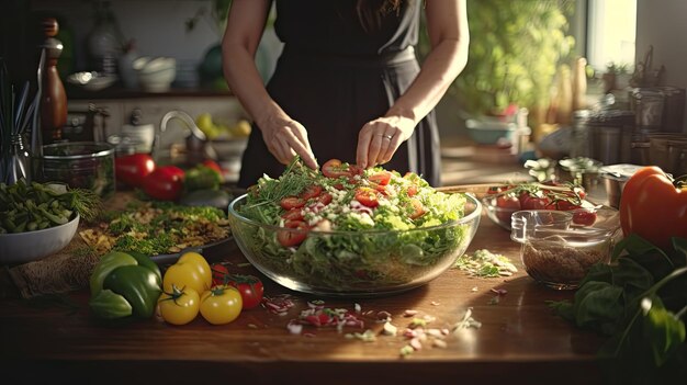 Nahaufnahme einer Hausfrau, die Salat auf der Küchenplatte zubereitet