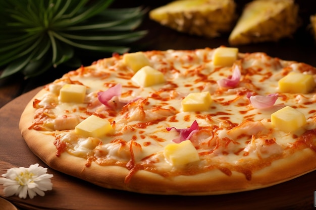 Nahaufnahme einer hawaiianischen Pizza mit Stückchen gegrilltem Hühnchen