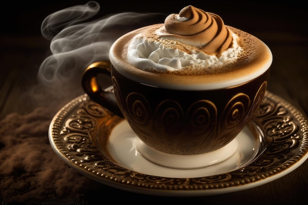 Nahaufnahme einer heißen und dampfenden Tasse türkischen Kaffees mit Sahneschaum darauf