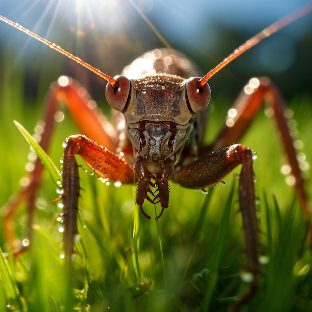 Nahaufnahme einer Heuschrecke im Gras mit morgendlichem Taus