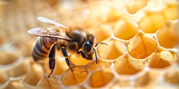 Nahaufnahme einer Honigbiene auf einer Honigwabe lebendige Details Naturfotografie geeignet für pädagogische und umweltbezogene Themen KI
