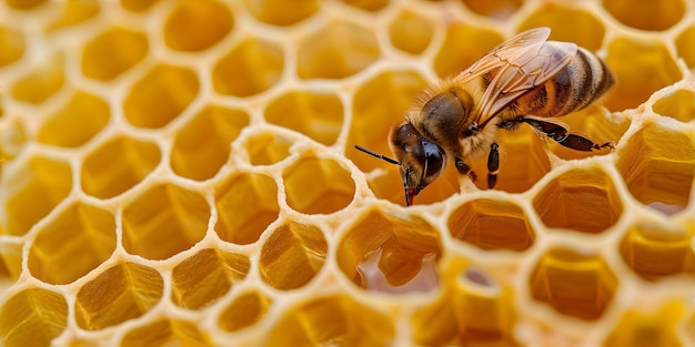 Nahaufnahme einer Honigbiene auf einer Honigwabe Naturen Perfektion im Detail ideal für Umwelt- und pädagogische Verwendung Makrofotografie KI