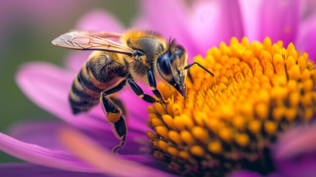 Nahaufnahme einer Honigbiene, die Pollen auf einer leuchtend rosa Blume sammelt