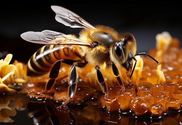 Nahaufnahme einer Honigbiene, die sehr detailliert aus Blüten extrahiert