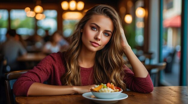 Nahaufnahme einer hübschen jungen Frau, die im Restaurant sitzt. Frau auf dem Hintergrund des Cafés. Frau im Café.