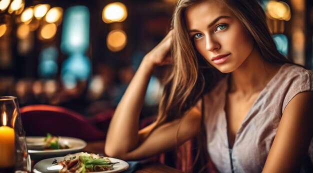 Nahaufnahme einer hübschen jungen Frau, die im Restaurant sitzt. Frau auf dem Hintergrund des Cafés. Frau im Café.