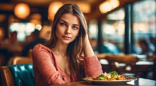 Nahaufnahme einer hübschen jungen Frau, die im Restaurant sitzt. Frau auf dem Hintergrund des Cafés. Frau im Café.