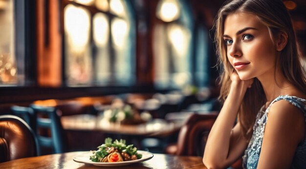 Nahaufnahme einer hübschen jungen Frau, die im Restaurant sitzt. Frau auf dem Hintergrund des Cafés. Frau im Café.