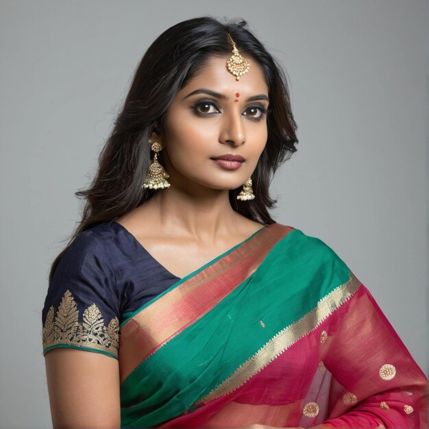 Nahaufnahme einer indischen Frau, die Augenkontakt macht, rote und grüne Saree