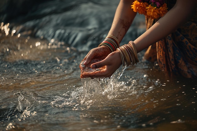 Nahaufnahme einer indischen Frau, die Wasser im Bokeh-Stil spielt