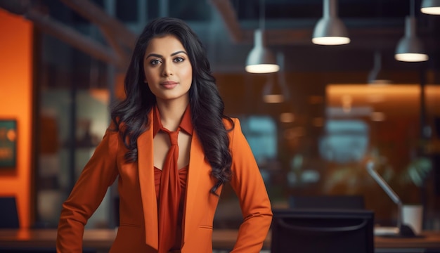 Nahaufnahme einer indischen Geschäftsfrau mit ihrem Arbeitsplatz im Hintergrund