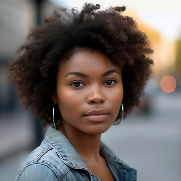 Nahaufnahme einer jungen afroamerikanischen Frau, die auf die mit KI generierte Kamera blickt