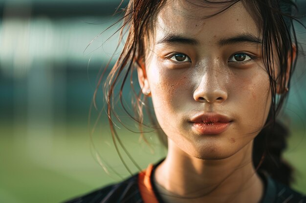 Nahaufnahme einer jungen Athletin mit Entschlossenheit in ihren Augen nach einem Spiel