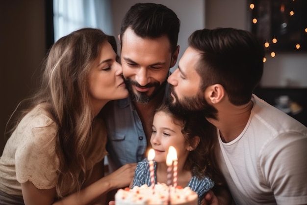 Nahaufnahme einer jungen Familie, die gemeinsam einen Geburtstag feiert