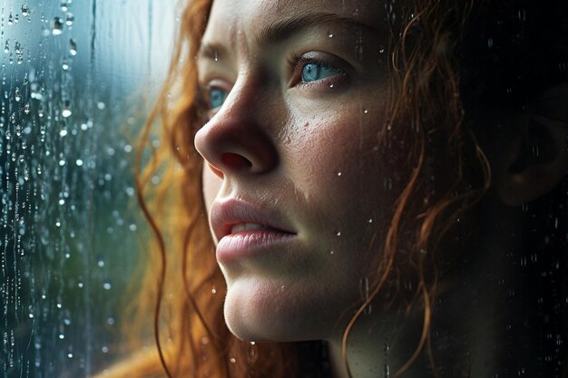 Nahaufnahme einer jungen Frau, die durch ein regenspritziges Fenster mit natürlicher Lichtreflektion hinausblickt