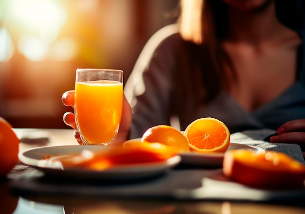 Nahaufnahme einer jungen Frau, die ein klassisches Frühstück und frischen Orangensaft isst, für den dieser Energieschub sorgt