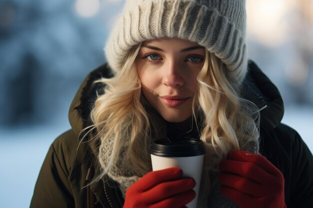 Nahaufnahme einer jungen Frau, die im Winter Kaffee trinkt