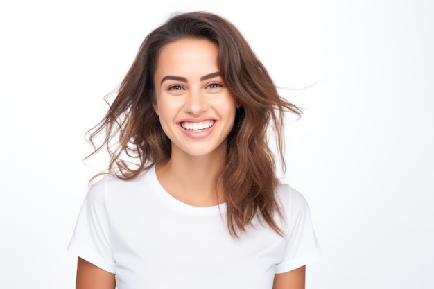 Nahaufnahme einer jungen Frau, die lächelt und ein weißes T-Shirt auf weißem Hintergrund trägt